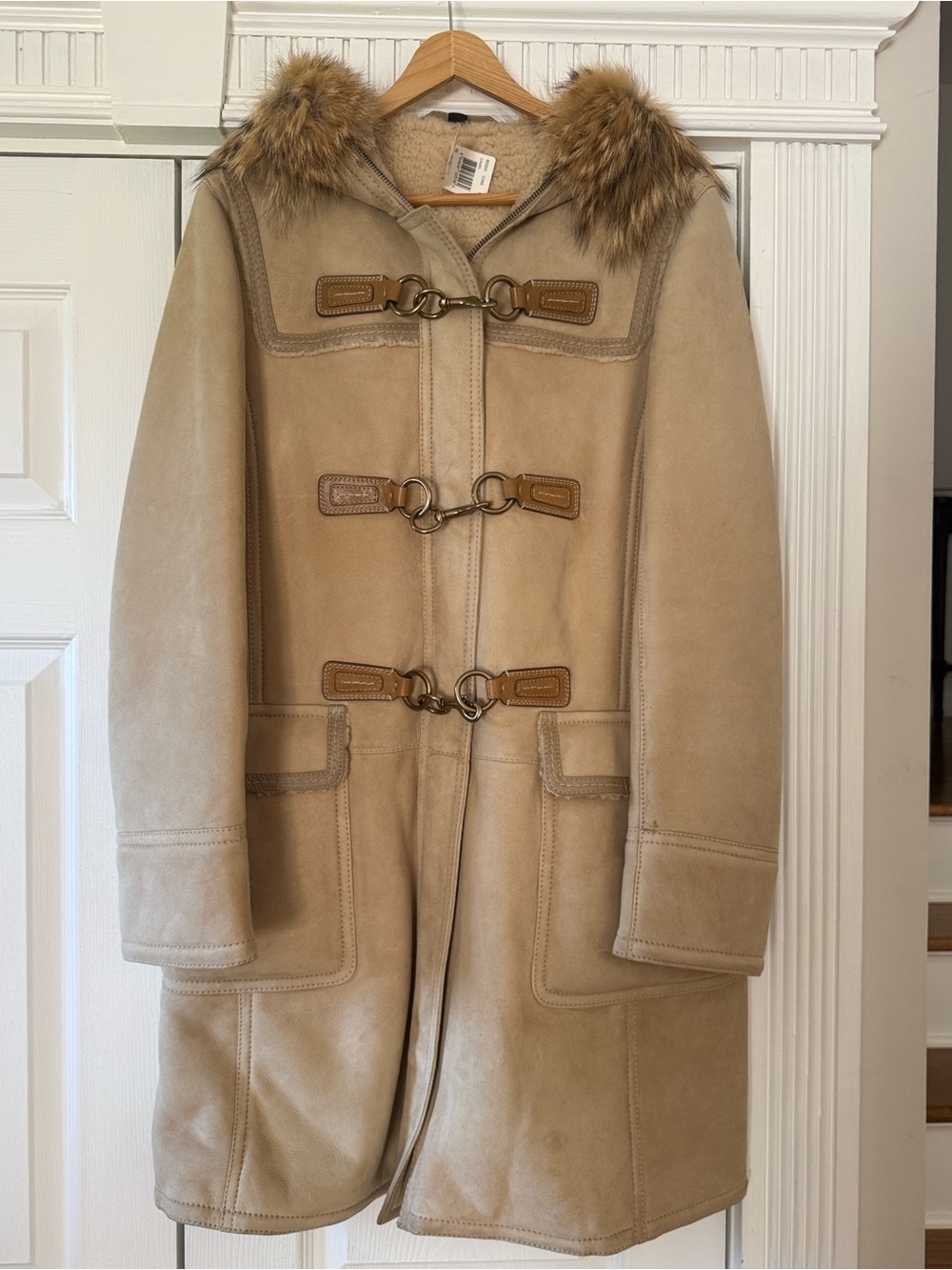 Coach Tan Shearling Pea Coat with Fur-Trim Hood